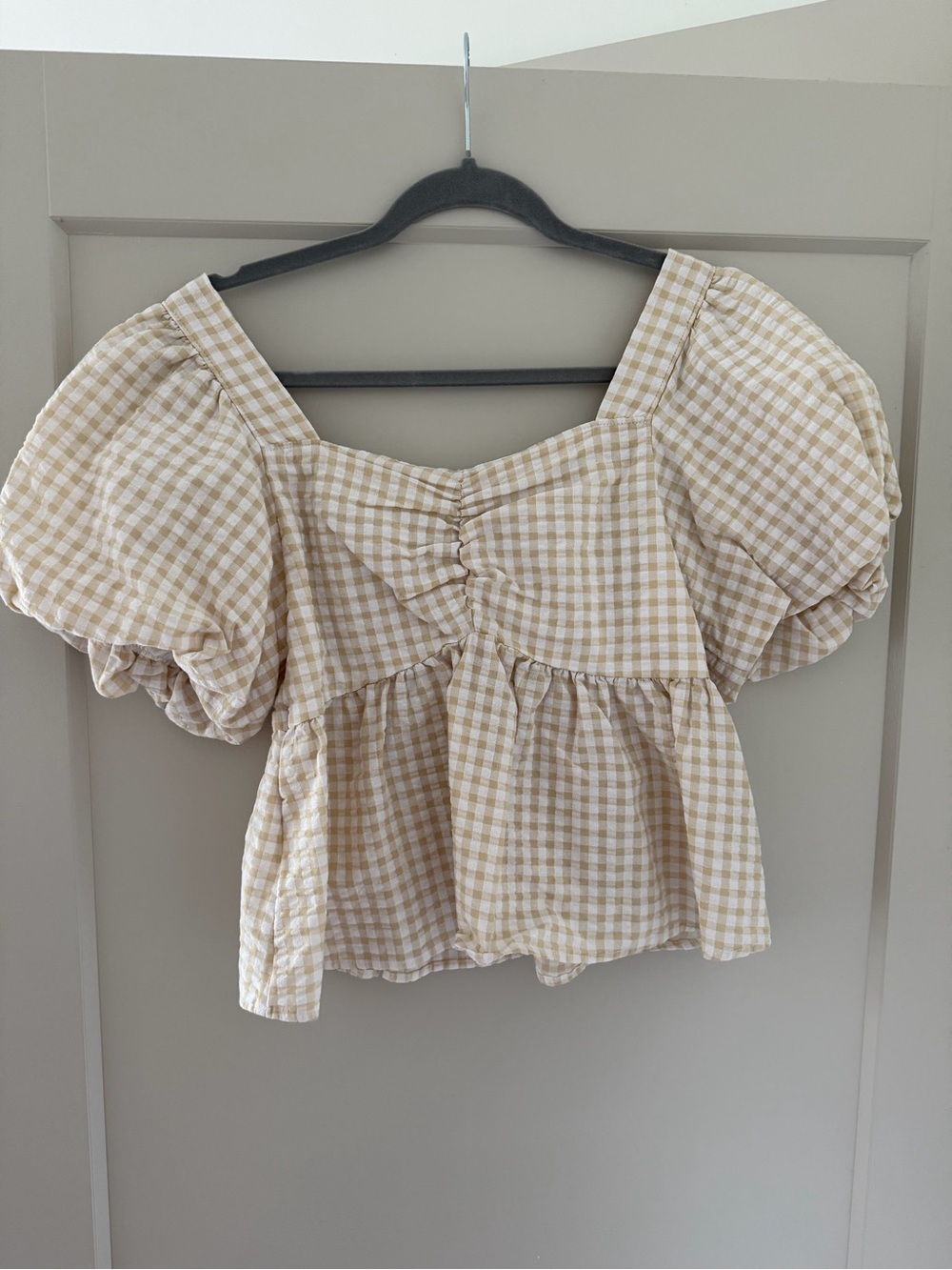 Beige Gingham Puff-Sleeve Women's Top